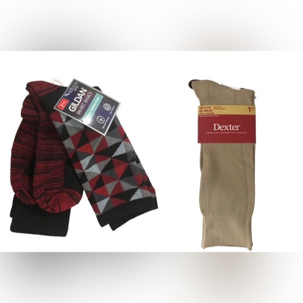 6pc Men’s socks-2sets red black Gildan smart basics, 1set tan Dexter dress socks